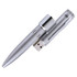 A silver USB pen with a sleek design, featuring a removable cap and a clip for easy attachment. It has a branding logo.