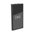 A sleek black wireless power bank with a smooth surface and a logo, featuring two USB ports.