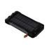 A solar power bank in black with a rugged design, featuring charging indicators and a branding label.