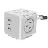 A white power cube with two Australian power sockets and USB ports. It has a logo and a cable attached.
