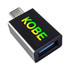 A black Type-C to Type-A adapter with a highlighted logo. It features a metallic edge and a blue USB port.