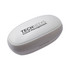 A white charging case for earbuds featuring a logo, with a smooth oval shape and ventilation holes.