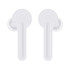 White Leeds TWS earbuds displayed from a front view, featuring a simple design and streamlined shape.