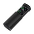 A set of black Royston TWS earbuds housed in a sleek case, featuring green accents and branding.