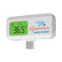 A white thermometer with a green screen displaying a temperature reading. It features a logo on the side.