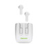 White TWS earbuds with a charging case, featuring a logo on the case.
