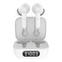 White Thorpe TWS earbuds positioned in their charging case, featuring a digital display.
