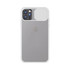 A grey iPhone case with a textured white section and a logo, designed for a sleek modern look.