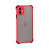 A rugged iPhone case in vibrant red with a clear back and black accents, featuring a logo on the back.