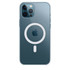 A transparent blue iPhone case featuring a circular MagSafe logo on the back, with camera cutouts visible.