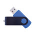 A blue USB flash drive with a black swivel cover, featuring a logo on one side.
