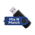 A blue and black flash drive featuring a swivel design and a logo.