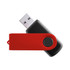 A red and black swivel flash drive with a circular button and a USB connector. It has a branding logo.