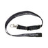 A black conference lanyard with a clip and a breakaway buckle, featuring a logo along its length.