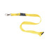 A yellow lanyard with a clip and adjustable buckle, featuring a branding logo.