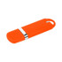 An orange flash drive with a silver band, featuring a loop for easy attachment, and a smooth, rounded design.