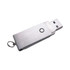 A metallic silver flash drive with a sliding mechanism and keyring attachment. It features a simple design.