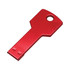 A red USB key flash drive shaped like a key, featuring a circular hole and smooth metallic finish.