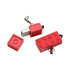A red building block flash drive with two detachable pieces, featuring a logo and a loop for attachment.