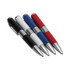A collection of four metal pens in black, white, blue, and red, featuring silver accents and a logo.