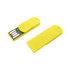 A bright yellow paper clip flash drive with a sliding cover and a USB connector. It features a logo.
