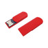 A red paper clip-shaped flash drive with a removable cap and USB connectors. It features a branding logo.