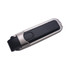 A metal and black leather flash drive with a sleek design, featuring a secure clip and branding.