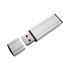 A silver USB flash drive with a removable cap, featuring a sleek design and black accents.