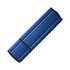 A blue flash drive with a sleek, rectangular design and a black band running around the centre. It features a logo.
