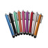 A collection of stylus pens in various colours, including blue, green, orange, purple, red, and silver, with a clip and a rounded tip.