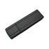 A black flash drive with a sleek, rectangular design and a rounded end. It features a branding logo.