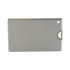 A sleek silver credit card-sized flash drive with a rounded corner and a hole for attachment, featuring a logo.