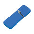 A blue flash drive with a silver clip, featuring a sleek and modern design.