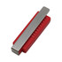 A red and silver flash drive with a sleek metallic cover and a textured red base. Contains a logo.