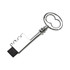 A silver skeleton key shaped flash drive with a glossy finish and a black tip. It features a logo.