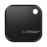 A black SwiftFinder Smart Tag Tracker with a small hole for attachment and a circular button on the front.