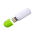A white flash drive with a green cap, featuring a USB connection and a compact design.