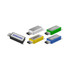 A collection of colourful flash drives in black, silver, green, yellow, and blue, featuring different logos.