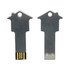 A silver USB flash drive shaped like a house, featuring a key design and a small keyring hole.