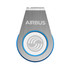 A silver flash drive with a blue accent and a circular design, featuring a logo on the front.