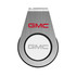 A silver flash drive with a circular white section and logos, featuring a sleek, modern design.
