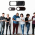 A set of three black webcam covers displayed above a group of people using various devices, including laptops and smartphones.