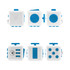 A white fidget cube with blue buttons and switches, featuring various tactile elements on each side.