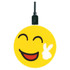A yellow wireless charger featuring a smiling emoji design with a peace sign. It has a black charging cable attached.