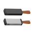 A flash drive in black and silver with a brown leather strap, featuring a logo on the side.