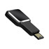 A black flash drive with a sleek design and a silver trim. It features a USB connector for easy access.