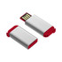 A red and silver flash drive with a retractable USB connector. The product has a smooth metallic finish and a branding logo.