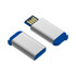 A silver and blue flash drive with a removable cap and a USB connector. It features a sleek, metallic design.