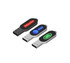 Three LED flash drives in black and silver, featuring logos on their sides in red and green illumination.