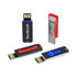 A collection of four USB flash drives in various colours, featuring logos from Facebook, Honeywell, AT&T, and Coca-Cola.